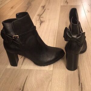 Black Leather + Silver Bow Ankle Boots